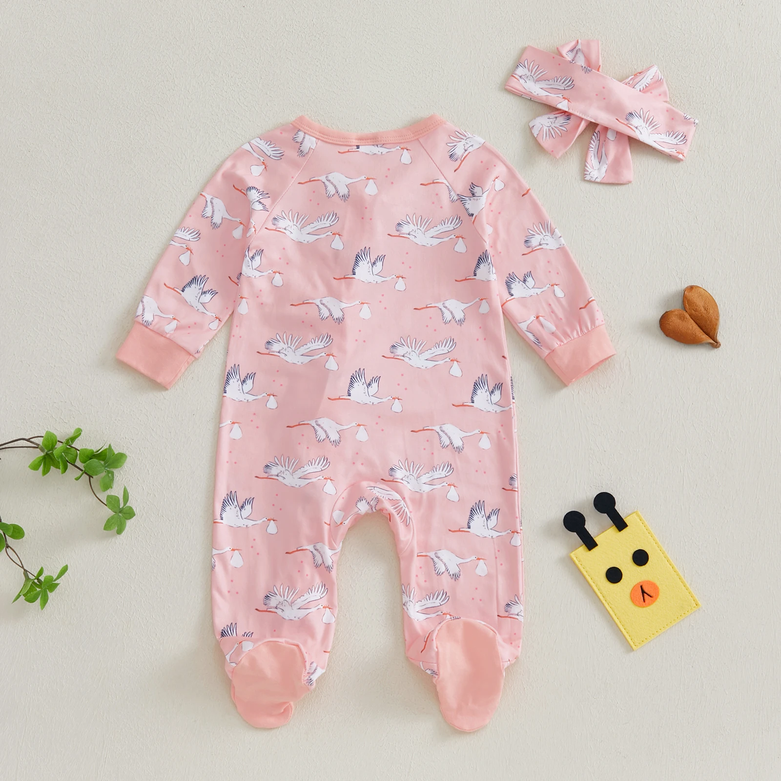Autumn Newborn Girl Fall Outfit Animal Print Ruffle Long Sleeve Zipper Footed Jumpsuit Bow Headband Clothes Set