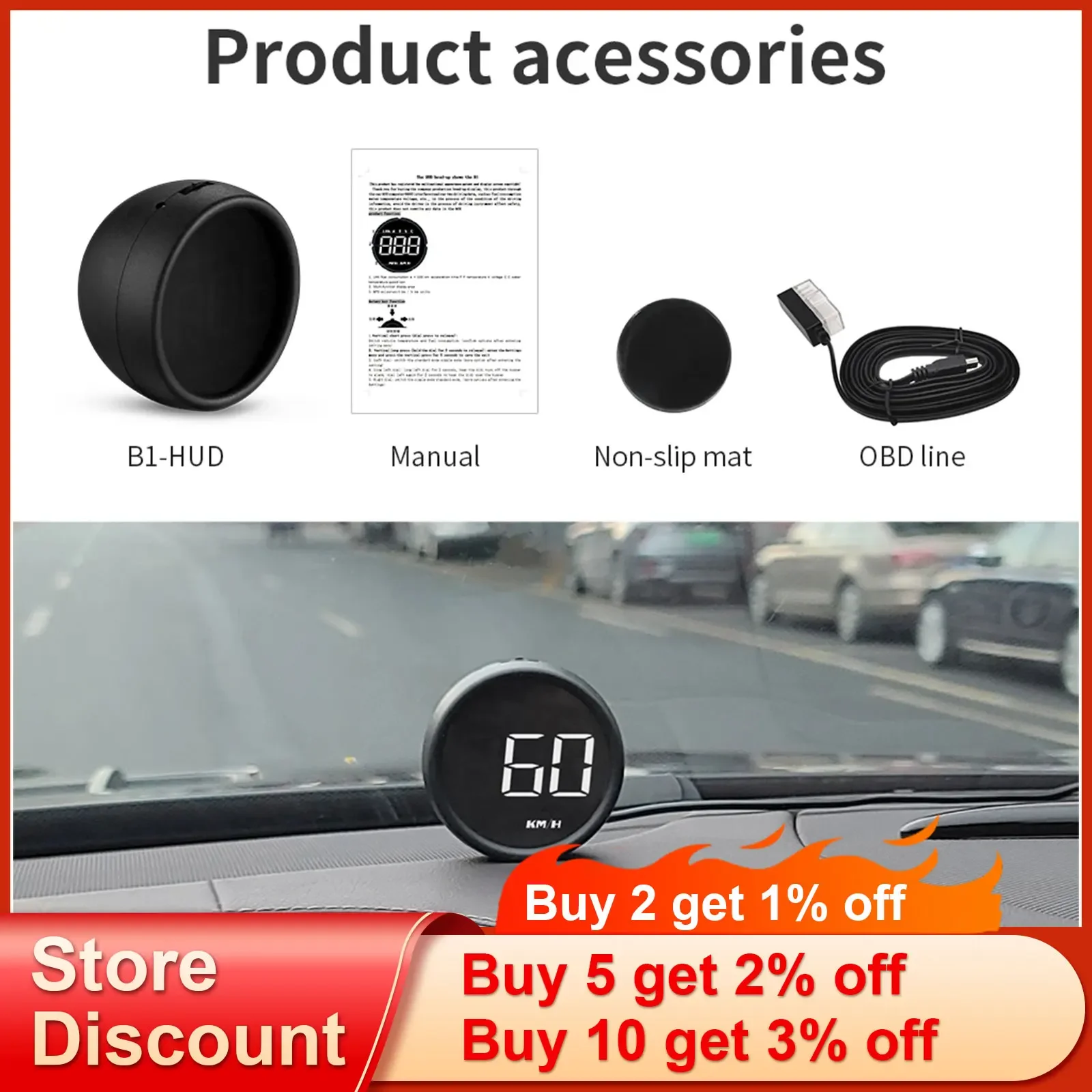 QC 헤드업 디스플레이 B1 HUD OBD2 디지털 게이지 속도계 수온계 전압계 속도 RPM 연료 소비량 과속 경보 포함