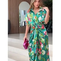 American European Style 2025 New Fashion Women's Loose Trendy Casual Printed Button Short Sleeve V-neck Ankle Length Dresses
