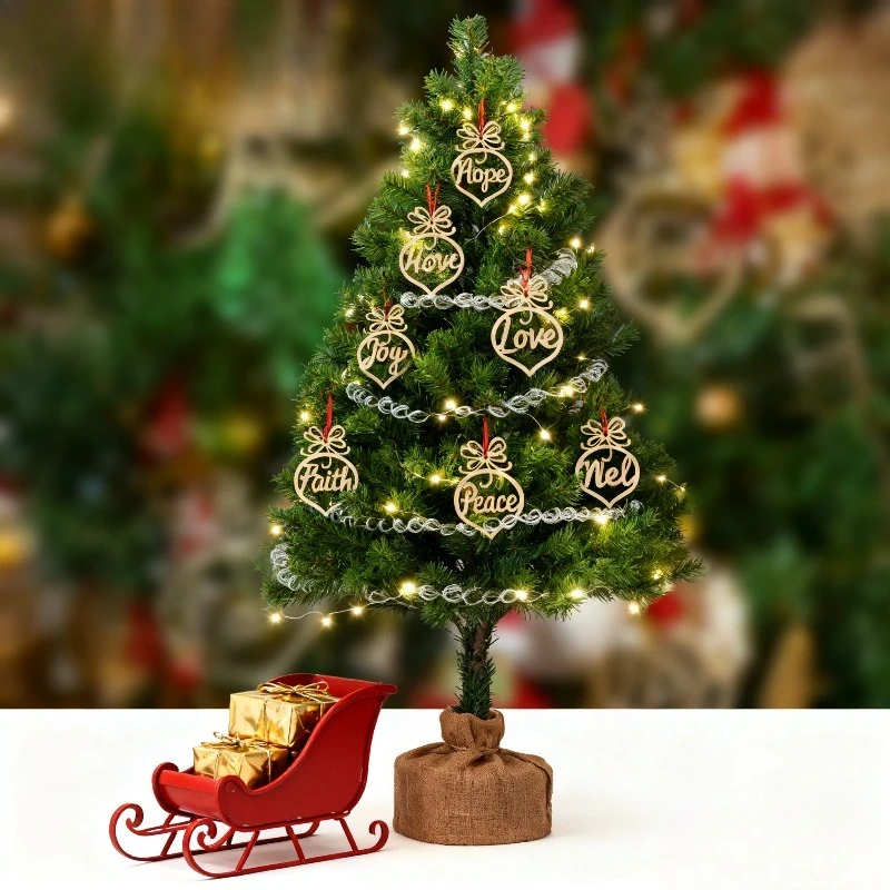 6PCS/Set Wooden Christmas Tree Pendant with Hanging Rope, Wooden Small Pendant, Carved Hollow Ornament, Christmas Tree Pendant