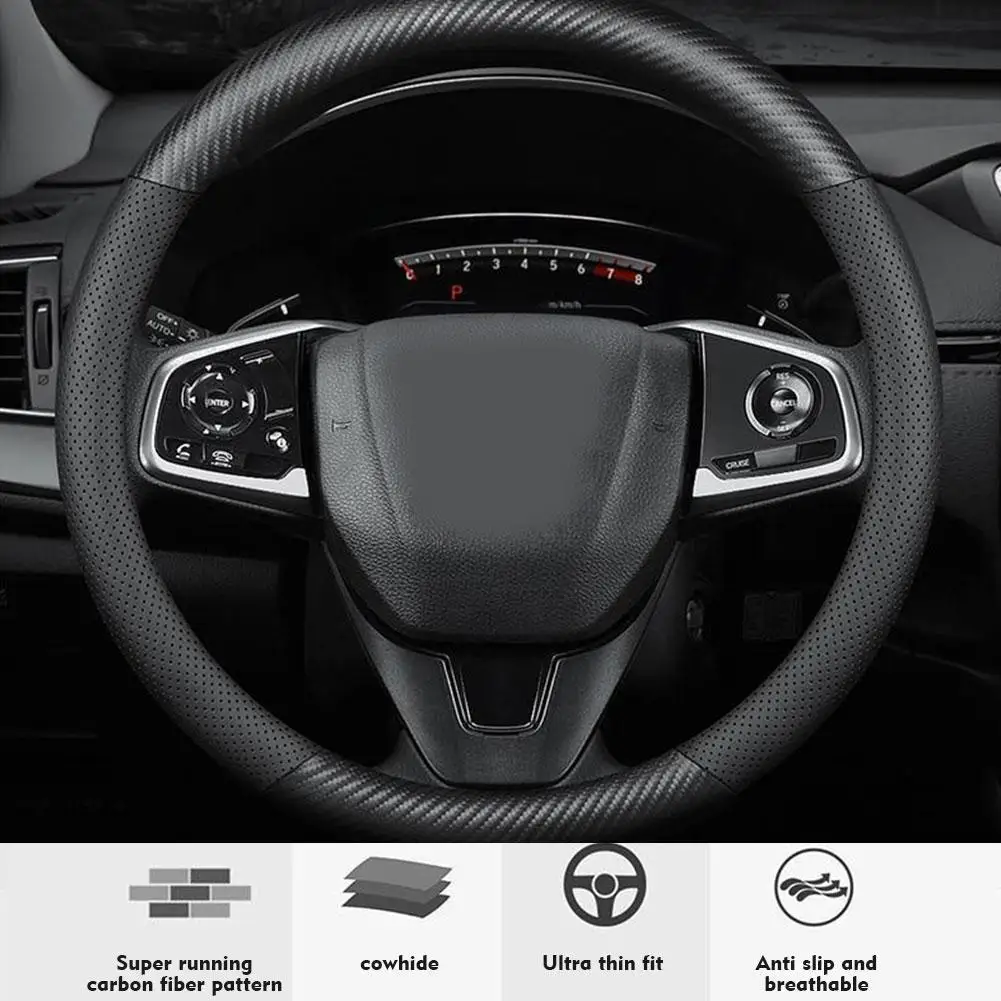 

Car Steering Wheel Cover Carbon Fibre+Leather 38CM Comfortable Non-slip Accessory Absorbing Sweat Wear-resistant Breathable Y2S7