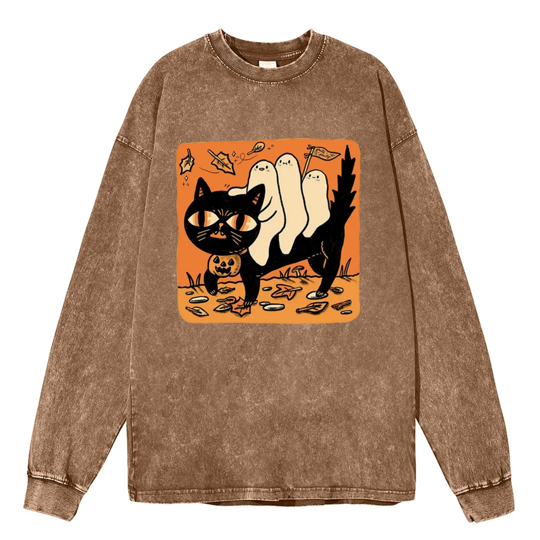 Unisex Casual Washed Pullover Halloween Printed Round Neck Long Sleeve T-shirt Loose Hooded Sweatshirt