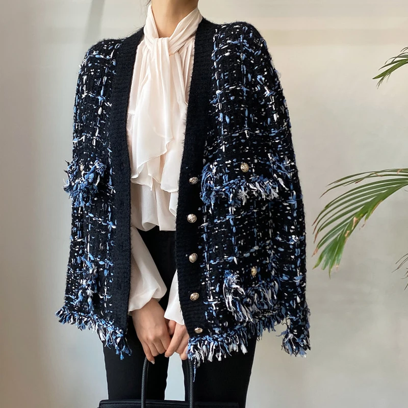 

Button Tassels Knitted Cardigan Thick Long Sleeve Sueter Mujer Invierno 2023 Tricot Korean Style Women Retro Loose Warm Jumper