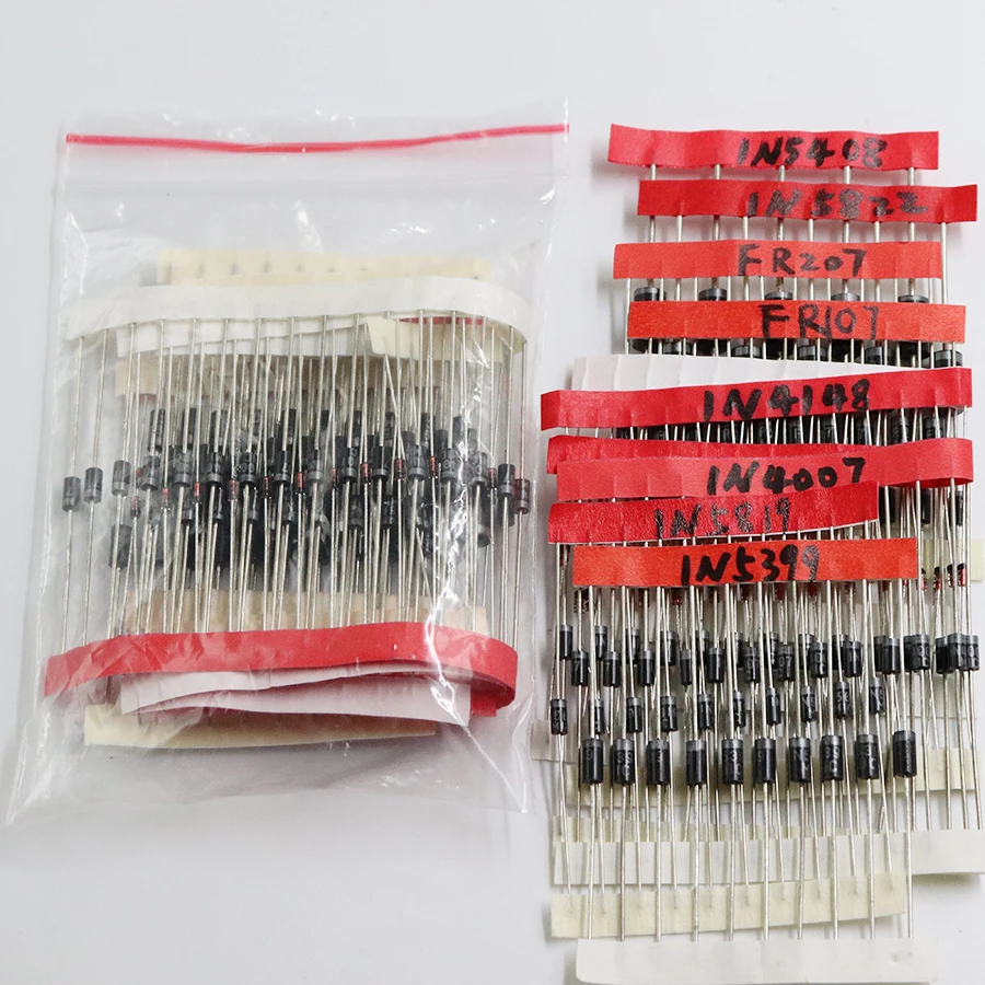 

1N4148 1N4007 1N5819 1N5399 1N5408 1N5822 FR107 FR207,8values=100pcs,Electronic Components Package,Diode Assorted Kit