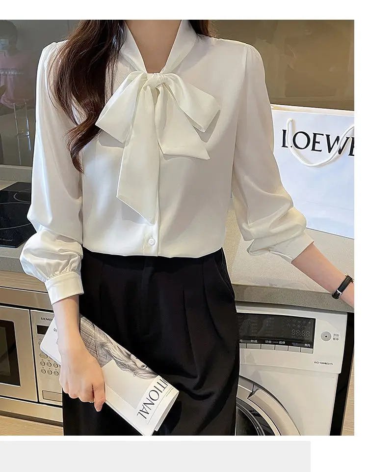 Korean Lacing Loose Solid Blouse Spring Autumn New Chiffon Long Sleeve All-match Elegant Shirt Tops Fashion Office Women Clothes