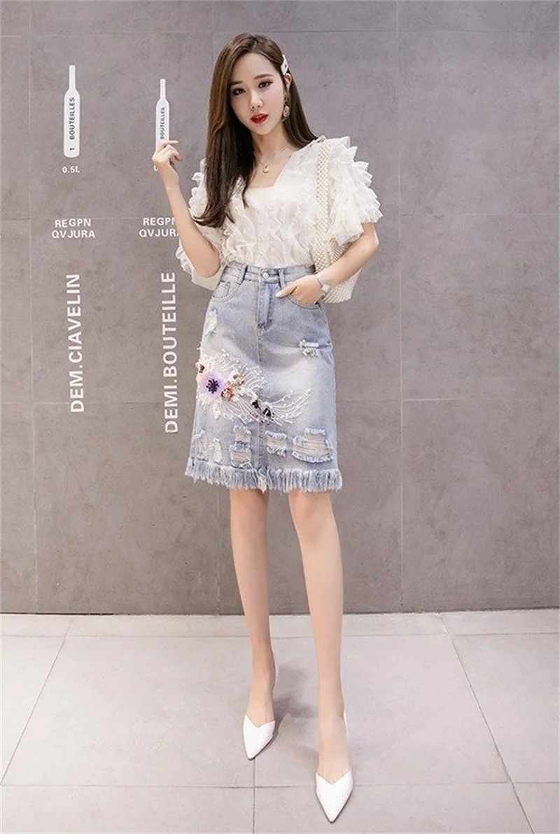 2022 Women's Denim Skirts Spring Summer High Waist Heavy Work Embroidery Flower Jeans Skirt Plus Size Hole Cowboy Skirt nike tennis skirt