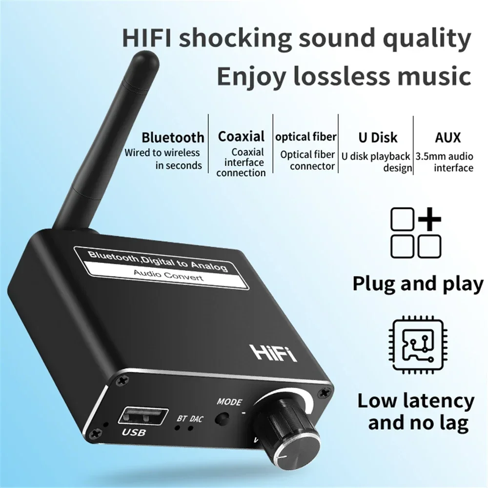 Bluetooth 5.0 Digital to Analog Audio DAC Converter Spdif Optical Fiber Signal to 3.5MM 3.5 AUX Amplifier Decoder