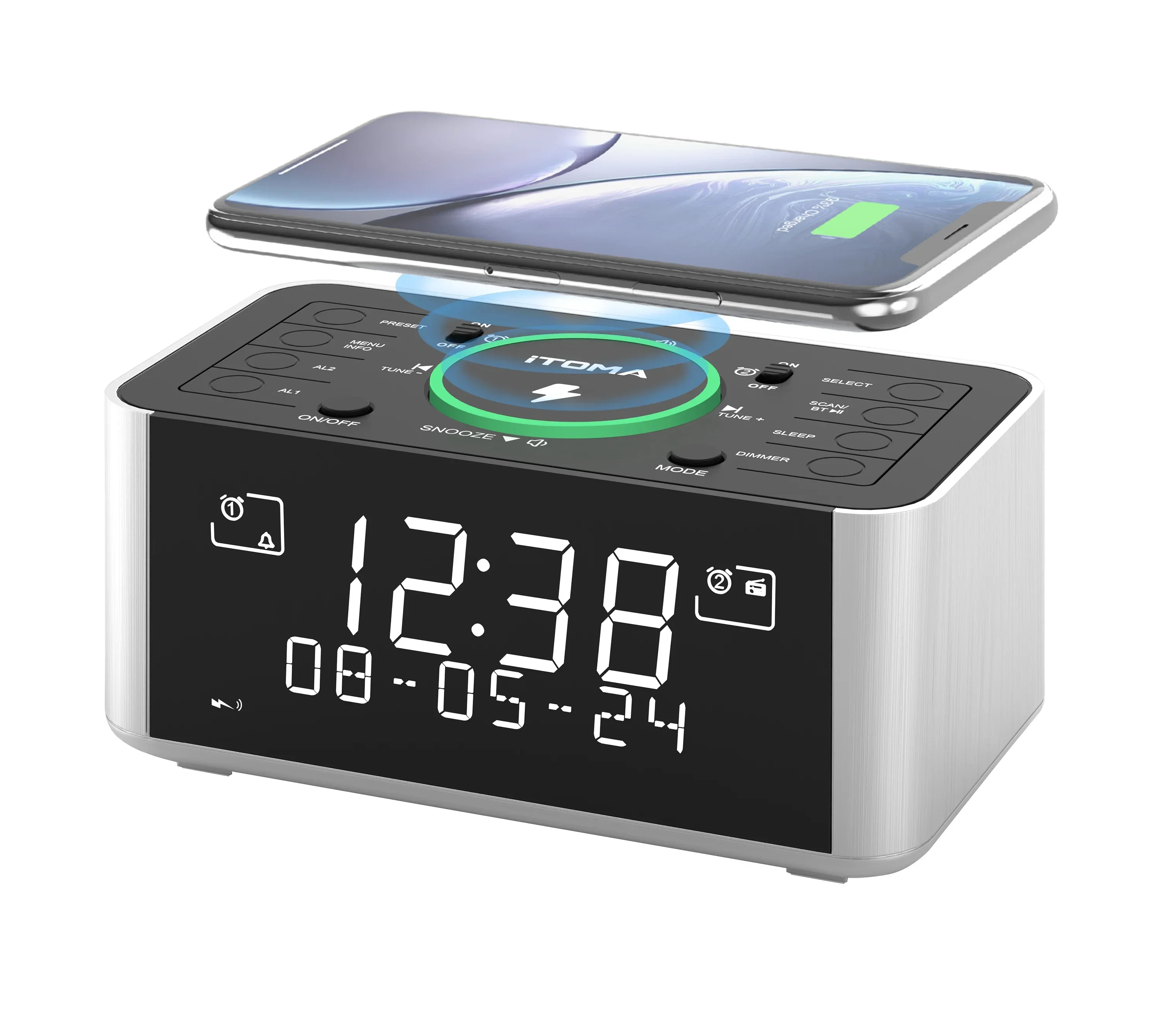 Alarm Clock Radio With APP Control, 15W Wireless Charger, FM Radio,Two Charging Ports, Dual Alarm, Sleep Timer, Snooze, Auto-Manual Dimmer, Night Light, LED Display Clock Radio ITOMA 207A - View #9
