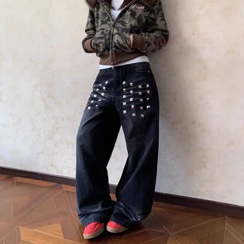 Pantalon en jean pour femme YKJDYK, coupe droite, délavé vintage, patchwork en denim avec embellissement par clous, style streetwear rétro américain