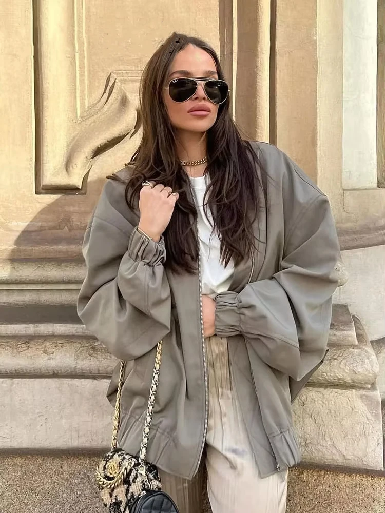 HH Women Solid Bomber Jacket O Neck Long Sleeve Zipper