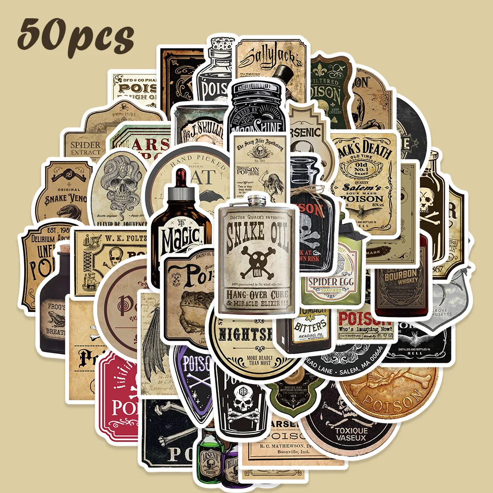 50pcs Retro Thriller Potion Stickers for Helmet Scrapbook Skateboard Phone Case Art Aesthetic Trendy Waterproof DIY Gift Toy