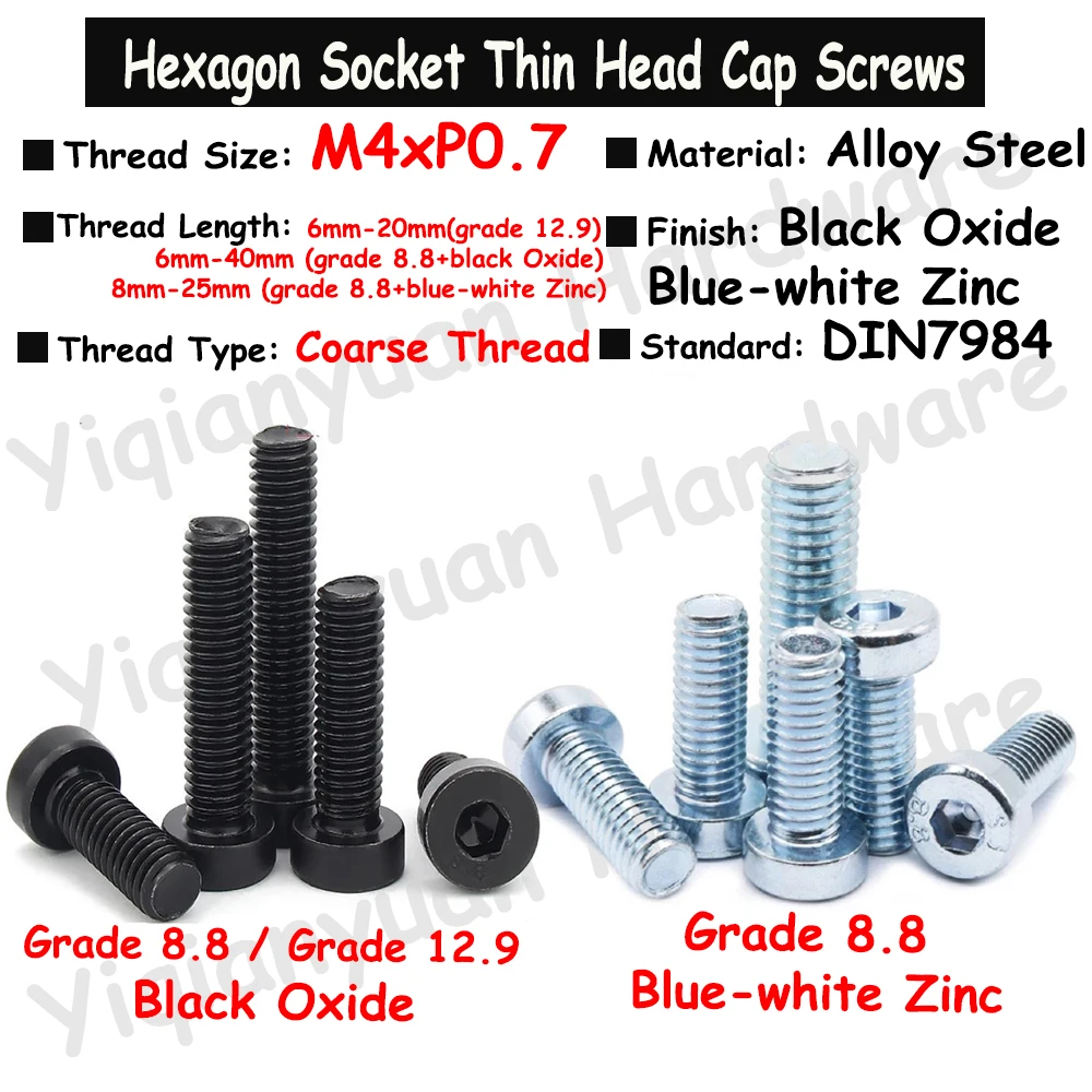 

10Pcs~30Pcs M4xP0.7 DIN7984 Grade 12.9 / 8.8 Alloy Steel Black / Blue Hexagon Socket Thin Head Cap Screw Low Short Profile Head