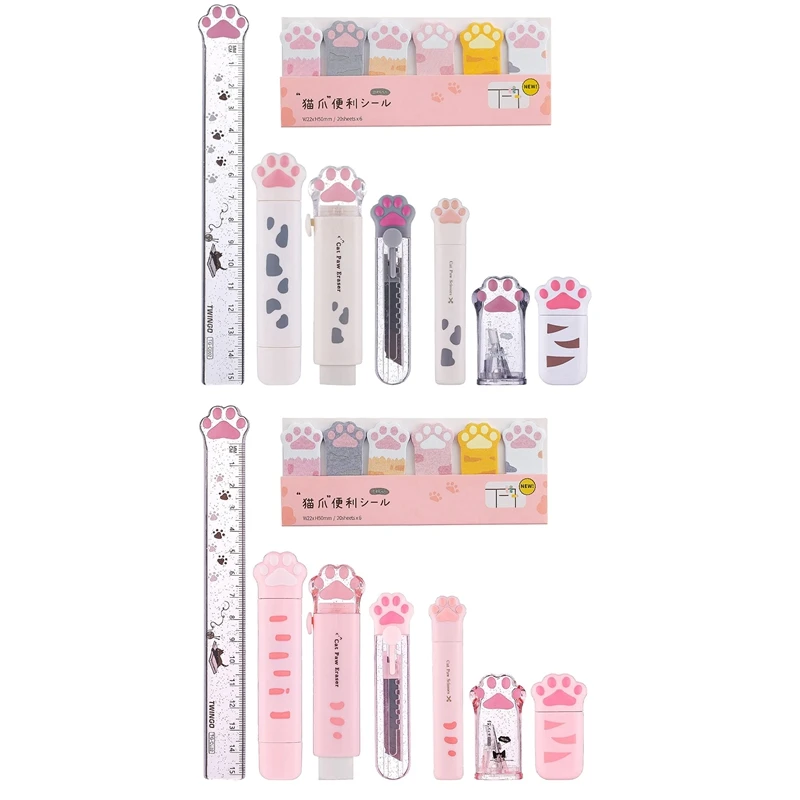 

8 Pcs Cute Cat Paw Stationery Set Kawaii School Supplies Including Pencil Sharpener Retractable Eraser Durable (White)