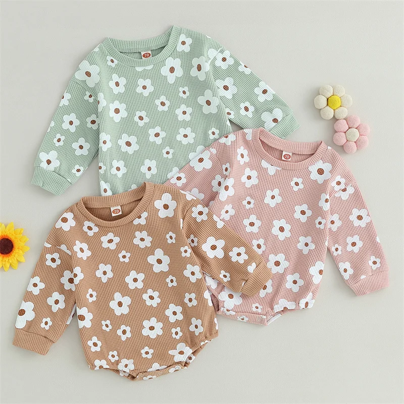 

Baby Waffle Knit Romper Fall Spring Casual Sweet Floral Print Newborn Girls Long Sleeve Jumpsuits for Infant 0-24 Months