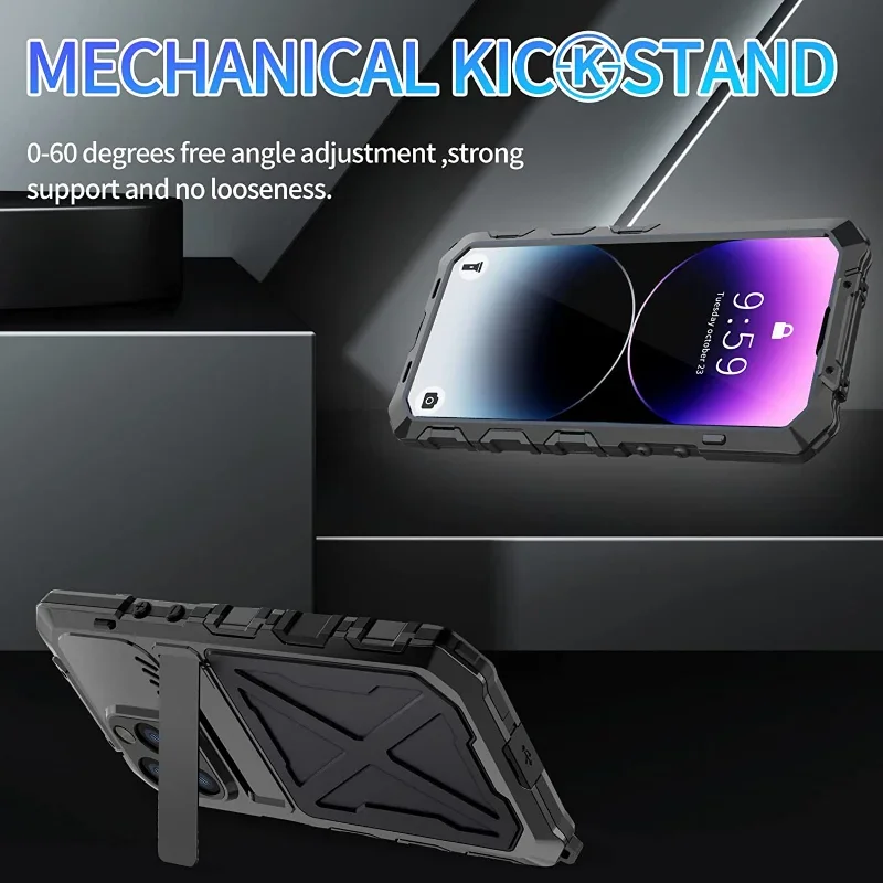 Heavy Duty Metal Frame Case for iPhone 14 Pro Max 14 Plus Kickstand Rugged Silicone Cover with Tempered Glass Screen Protector
