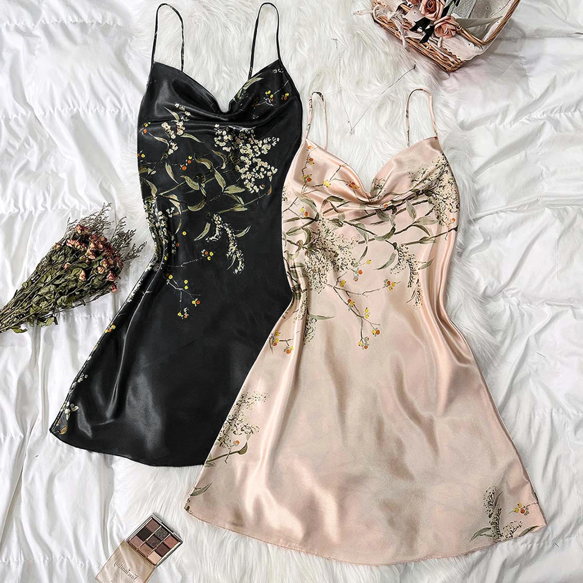 

New Women Pajamas 2 Pcs Set Satin Silk Nightgown Print V-Neck Women Sexy Suspenders Homewear