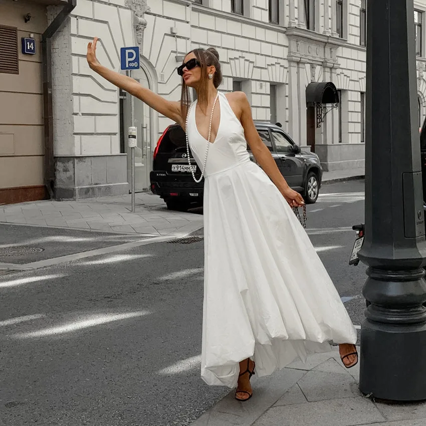 White V-Neck Backless Long Dress Female Sleeveless High Waist Fashion Elegant Luxury Bodycon Dress Women Solid Maxi Dress
