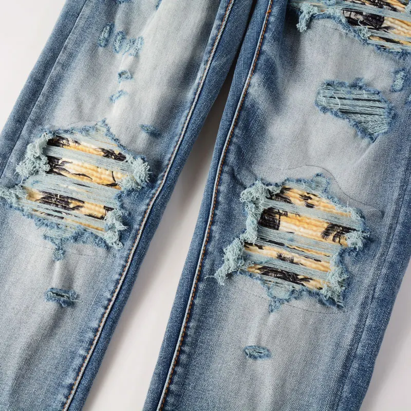 High Street Fashion Men Jeans Retro Blue Stretch Skinny Fit Ripped Jeans Men Buttons Fly Patched Designer Hip Hop Brand Pants