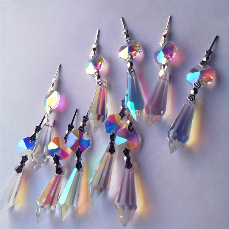 12pcs/lot Rainbow Crystal Prism Icicle Drop With Octagon Bead Chandelier Parts Glass Lighting Pendant Birthday Cake Topper Decor