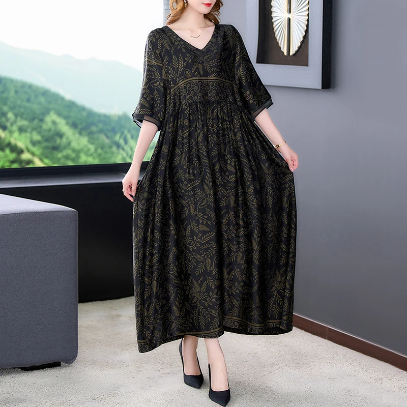 

Women Red Print Natural Silk V-Neck Maxi Dress Summer Short Sleeve Elegant Loose Waist Dress 2023 Korean Vintage Casual Dresses