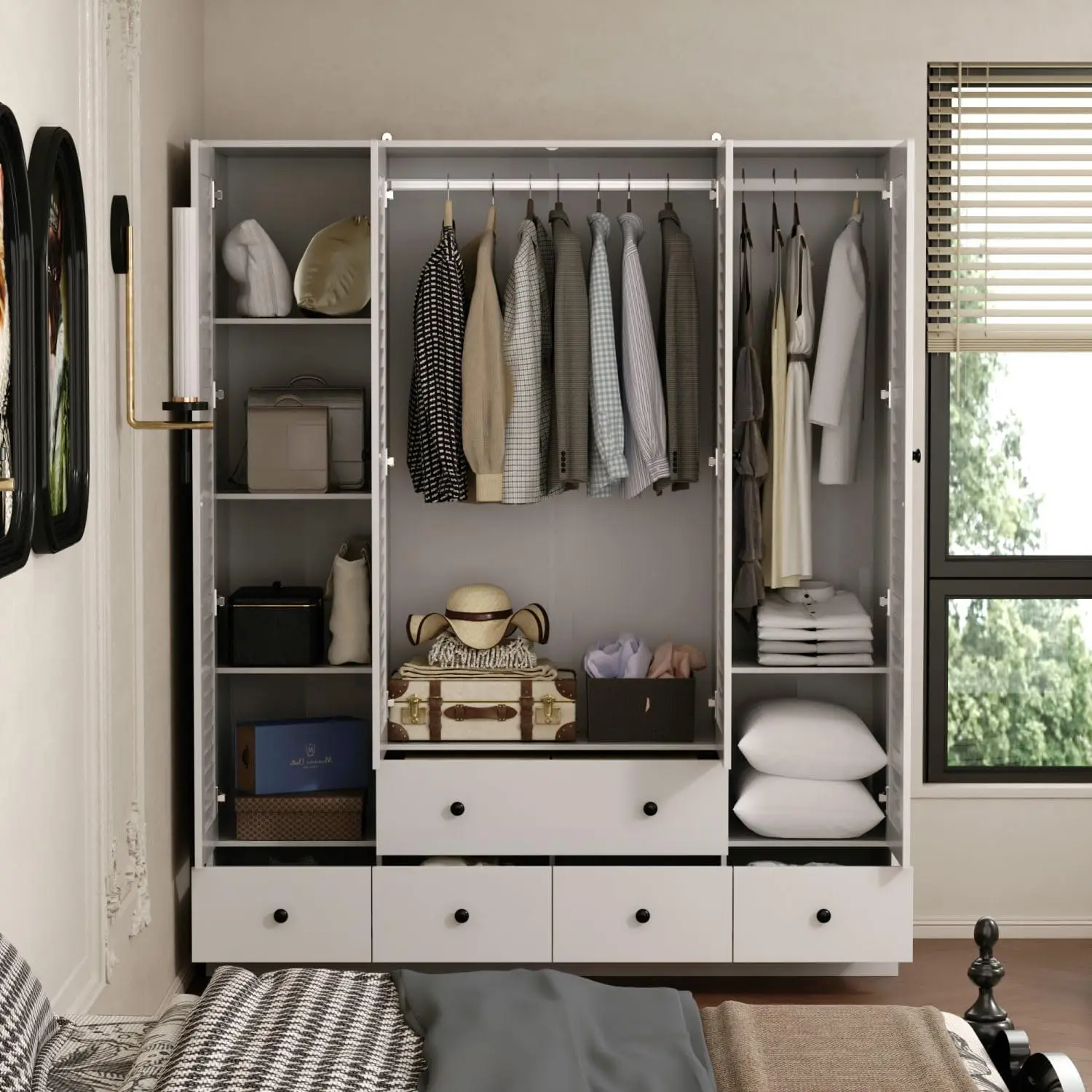 4-Shutter White Armoire w/Shelves & Drawers, 2 Hanging Rods - 59"W x 19"D x 70.9"H Bedroom Wardrobe