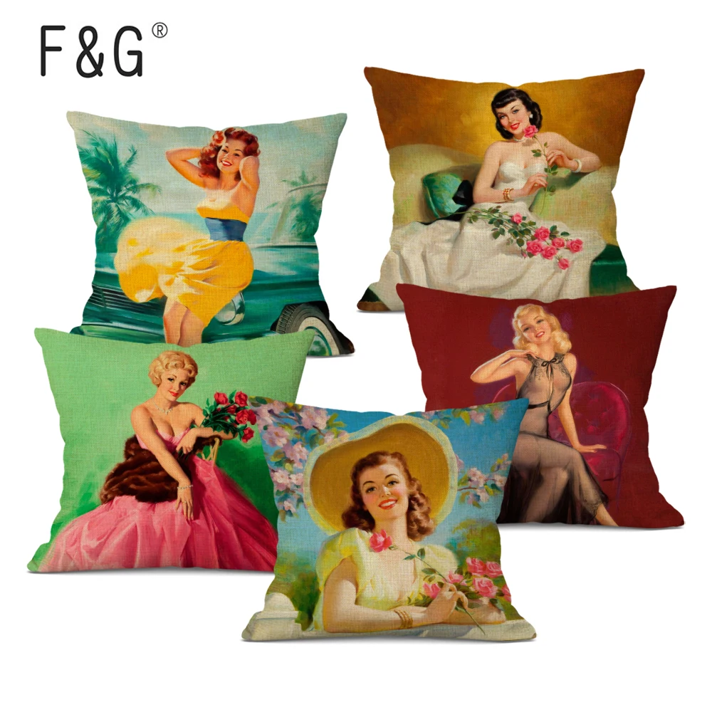 

Classical Beauty Print Cushion Cover Retro Decorative Throw Pillows Case Linen Pillow Cover Farmhouse Home Decor