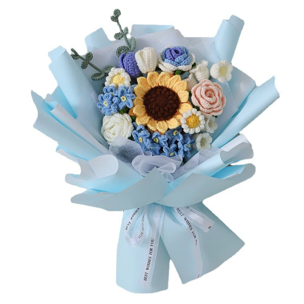 TPRPYN Pink Mixed Flower Bouquet Crochet Kit with yarn DIY Rose Tulip daisy sunflower Crocheting kits Knitting handmake beginner