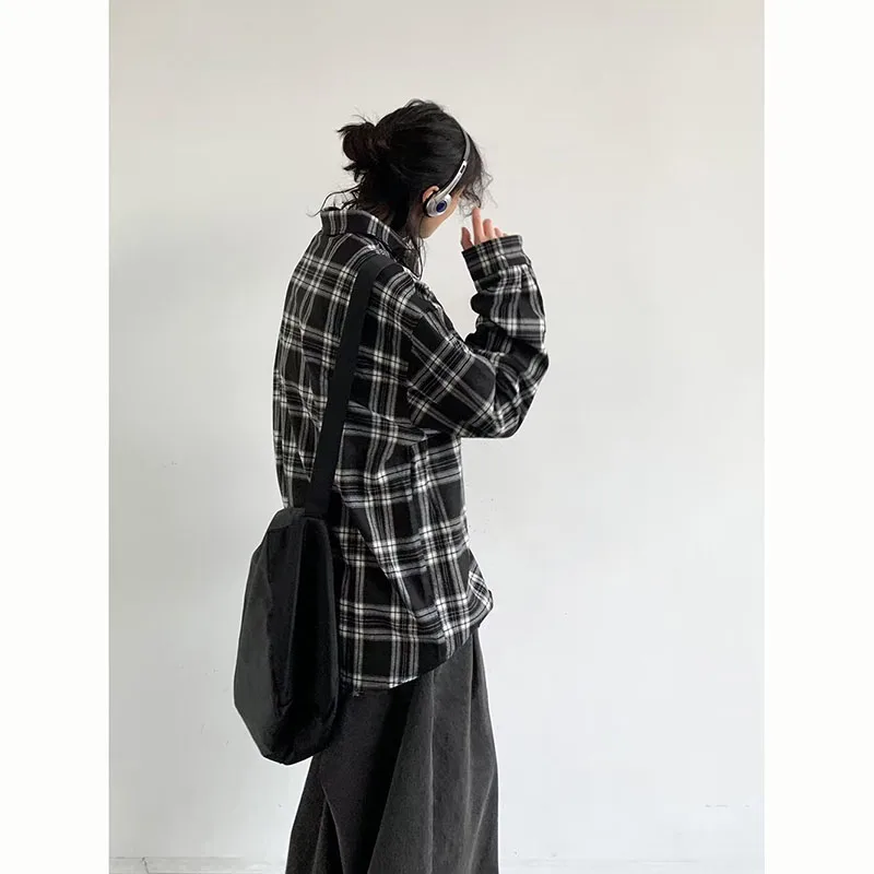Japanese Cargo Shirt Men Women Vintage Black White Checkered