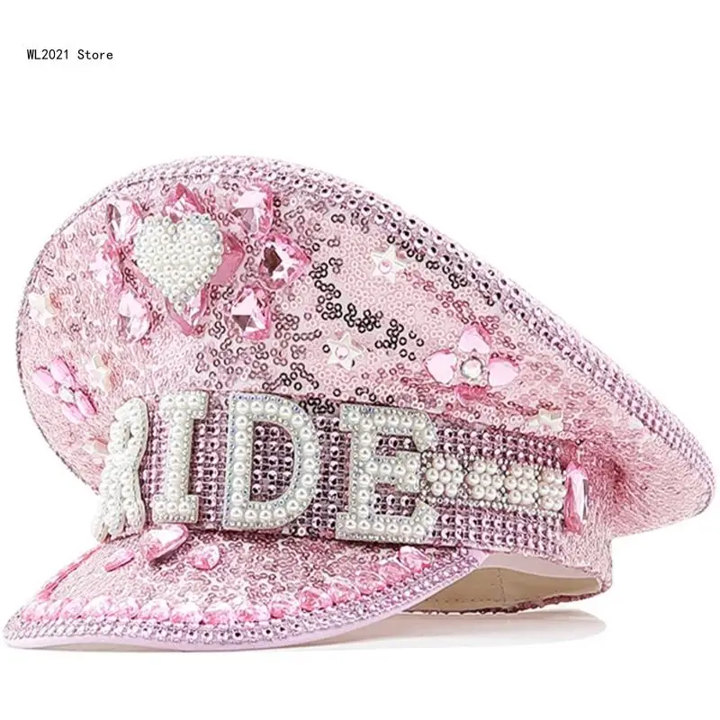 

Bride Hat for Dancing Party Pink Fedora Cap Music Festival Women Costume Cap Sequins Studded Captain Hats