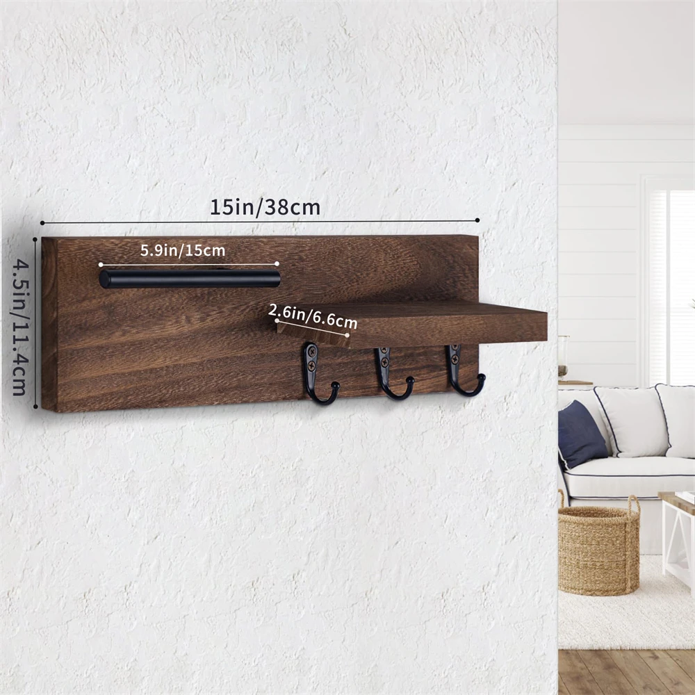 Wood Key Holder for Wall Decorative Entryway Shelf with Hooks Holds Keys Dog Leash Sunglasses Key Hanger with 3 Hooks Organizes 5