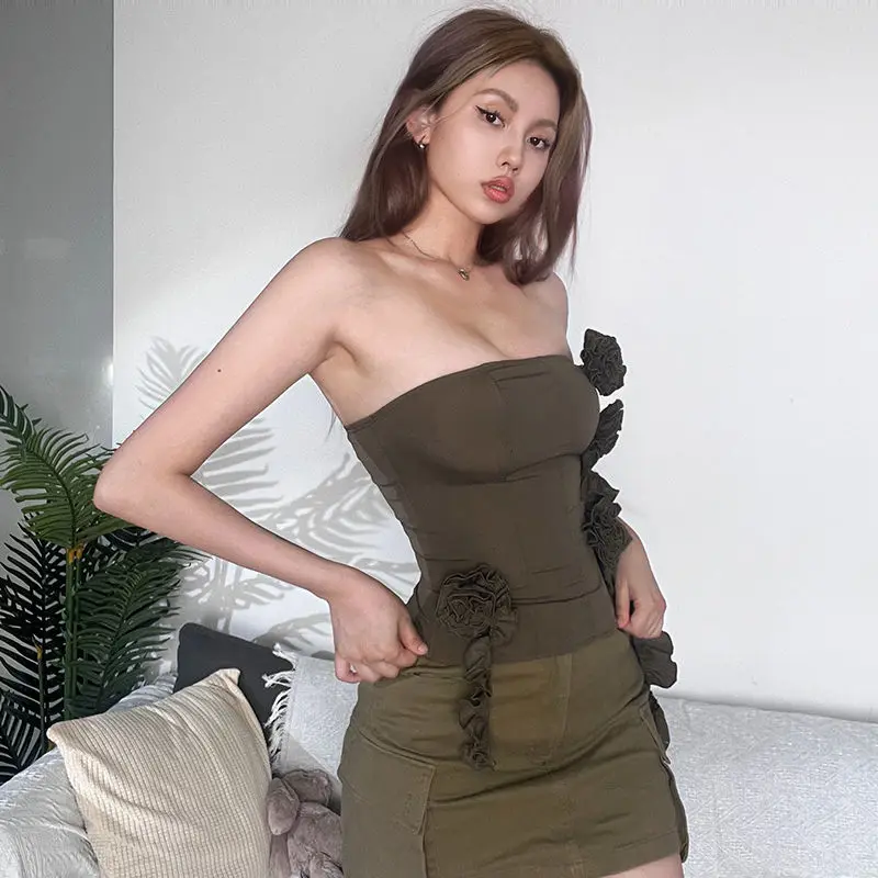 

Hot Girl French Retro Ribbon Three-Dimensional Rose Decoration Slim Fit Tube Top Slim Slimming Short