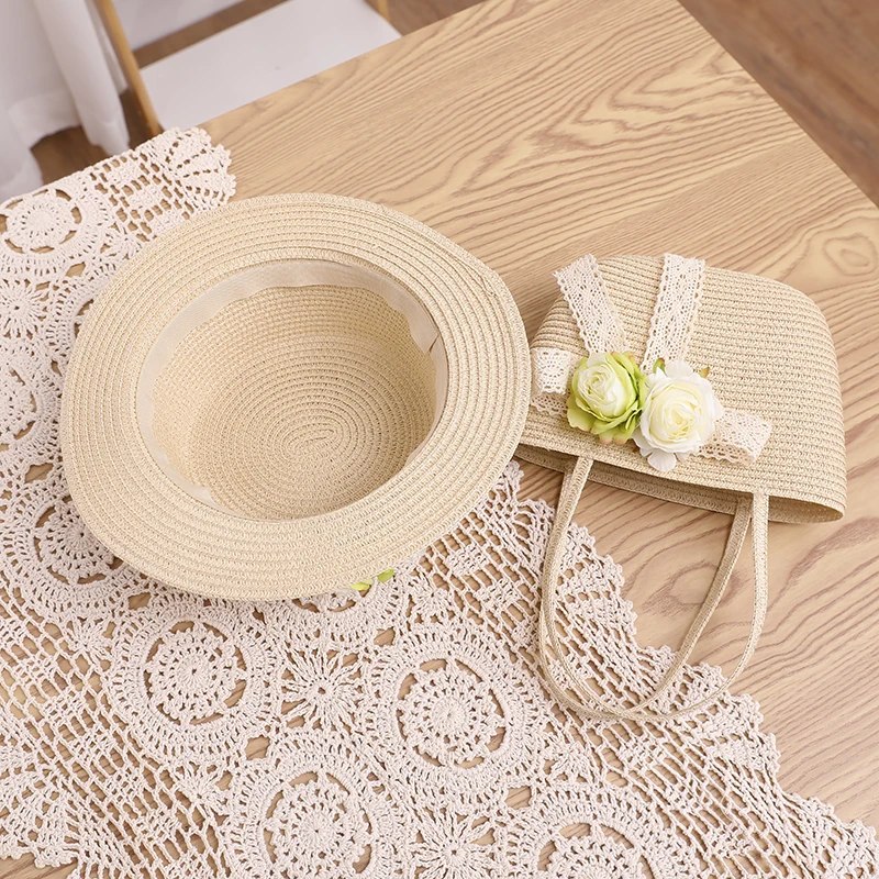 French Elegant Retro Summer Straw Hat Bag Set for Women and Girls Pearl Floral Hat Mom Kid Holiday Outdoor Travel Beach Sun