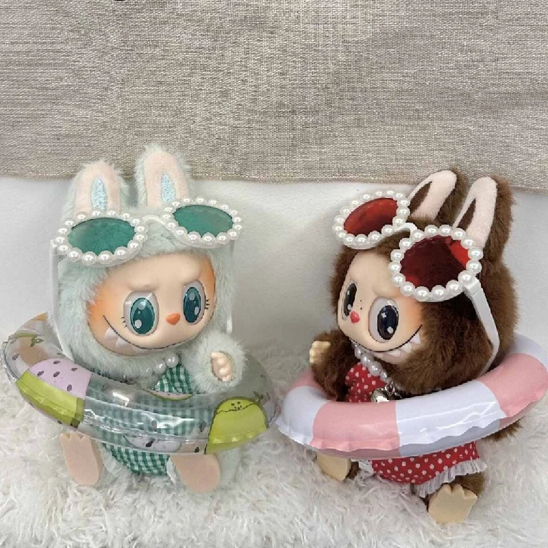 4-Piece Clothes For Labubu(No Dolls),Doll Beach Outfits Summer Cute Accessories Includes Straw Hat,Bikini,Pearl Necklace,Sunglasses (Color 5