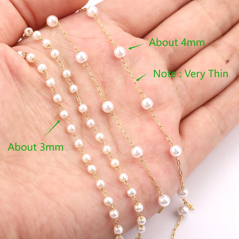 High Quality Stainless Steel Gold Color Dainty Thin Paper Clip Link Bead Roll Trim Imitation Pearl Chain for Jewelry Making DIY