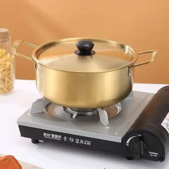 Mini pentola coreana per ramen in acciaio inossidabile placcato oro, doppia orecchio con coperchio, pentola calda, pentole da campeggio, cucina, sala da pranzo 1