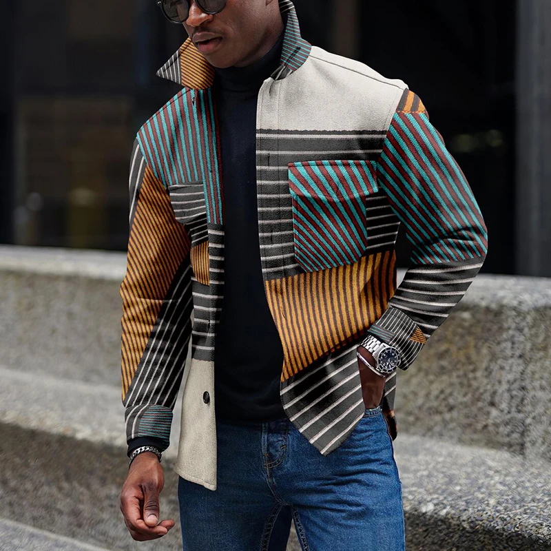 Long Sleeve Jackets Casual Streetwear Harajuku Men Printed Outerwear 2022 New Fashion Buttoned Turn-down Collar Coats Mens