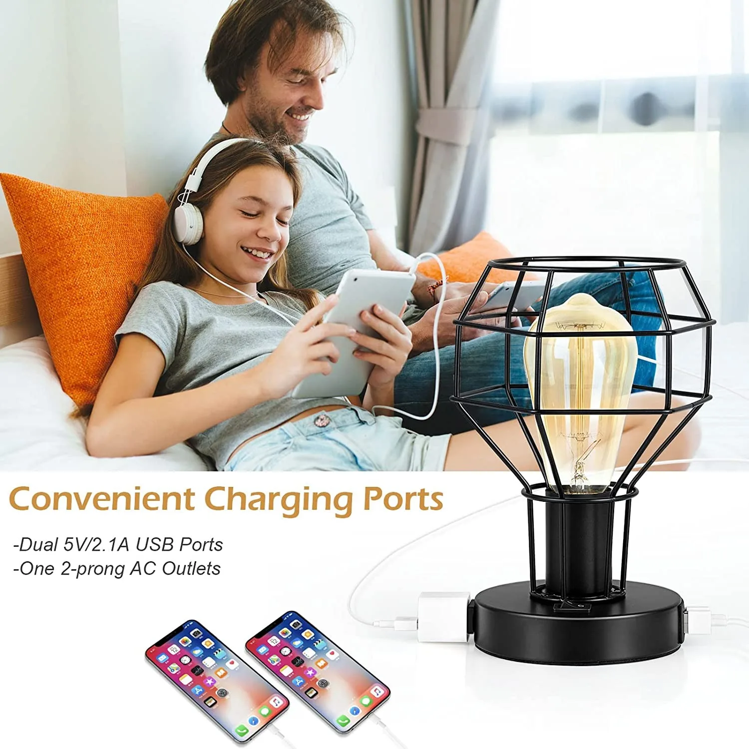 Industrial Table Lamp Small Desk Lamp with USB Charging Port Vintage with Outlet for Bedroom Living Room Nightstand 2 Sets