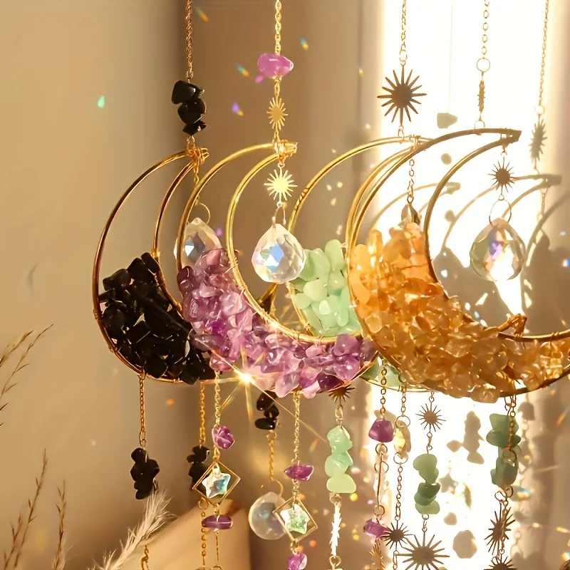 Moon Shaped Crystal Sun Catcher 1/4pcs Moon Shaped Crystal Sun Catcher Car Pendant Magic Rainbow Hanging Wall Decoration Fantasy Crystal Pendant Rainbow