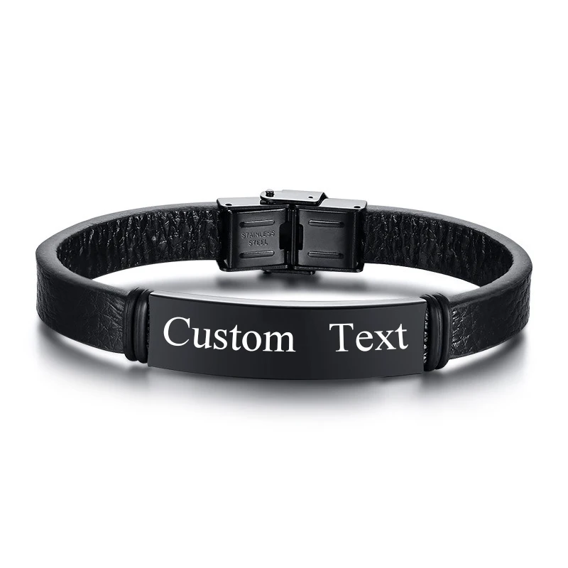 Customized Text black Leather Bracelets Engrave logo Name Stainless Steel Bracelet For Women Men Wholesale Lot doremi 4mm bangle engrave letters bangle custom letter name jewelry bracelet bangle black ink letter engrave bangle