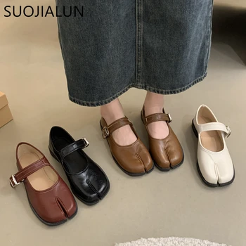 SUOJIALUN Autumn Women Flat Shoes Fashion Split Toe Flat Heel Laofer Shoes Shallow Soft Leather Casual Outdoor Mary Jane Shoes 1