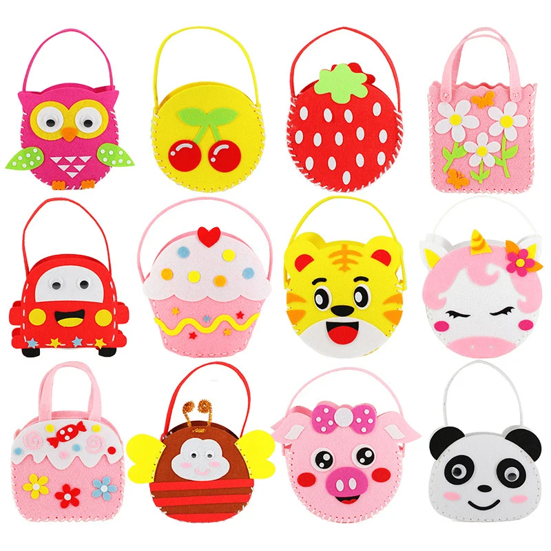 Non-Woven Fabric DIY Sewing Handbag Children Craft Toy Cartoon Animal Flower Handmade Sewing Bag Educational Toys Kids Gift 6Pcs educational toys,sewing bags kit