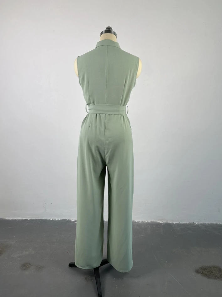Women's Casual Lapel Pocket Design High Waist Loose Wide Leg Jumpsuit Female Fashion Sleeveless Lace Up Sweet Long Jumpsuits