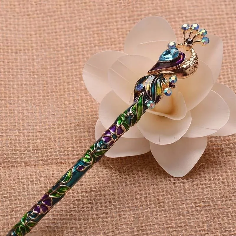 

Retro Women Enamel Crystal Peacock Hair Stick Pin Chinese Style Handmade Accessories Ladies Gentle and Elegant Jewelry Headwear