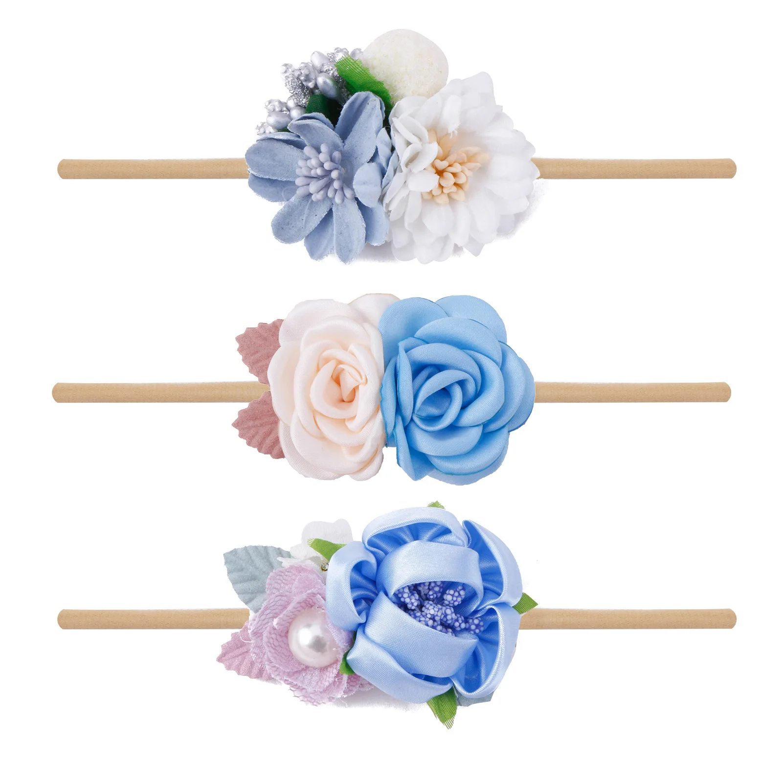 Super Elastic Nylon Flower Headbands for Baby 3 pcs Set Baby flower Headbands New Hot Selling Fresh and Idyllic Style