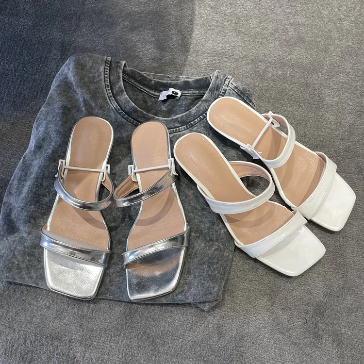

Withered French Retro Wedge Sandals Women's Toe Open-Toed Slippers Ladies Summer Chunky Heel Casual Commuting Leather Square