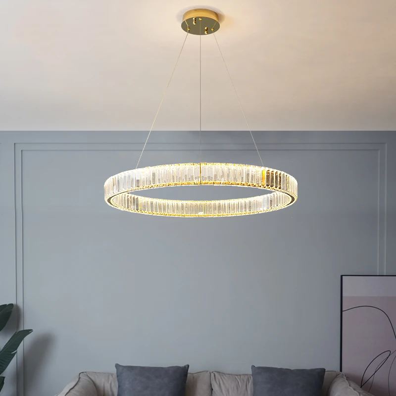 

Dimmable LED Foyer Chandeliers Restaurant Bedroom Remote Control Luxury Steel Circle Crystal Cord Adjustable Gold Chrome Metal