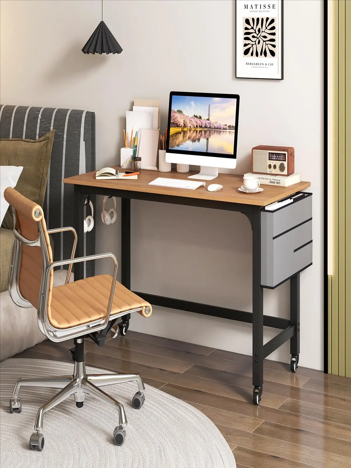 Schreibtisch mit Rollen, Computertisch mit abnehmbarer Stofftasche und Kopfhörerhalterung, Arbeitstisch, Bürotisch, rollbar, PC-Tisch – Detail 1