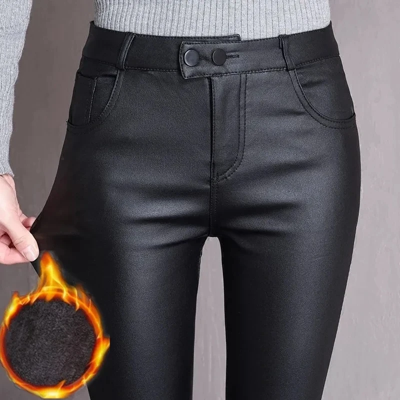 Aggiungi Velluto/No Velvet Black Faux Pu Leather Pant Donna Leggings Elasticizzati A Vita Alta Autunno Inverno Pantaloni Casual Skinny A Matita