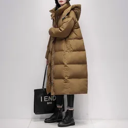 Women's Down Jacket 2024 Winter New Korean Loose 90%White Duck Down Coat Female Hooded Parkas Black Windproof Warm Long Overcoat