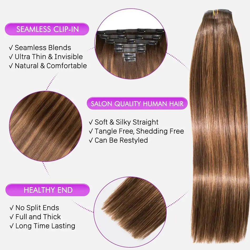 Celie Highlight Seamless Clip In Human Hair Extensions Straight Beginner Friendly 7pcs/pack